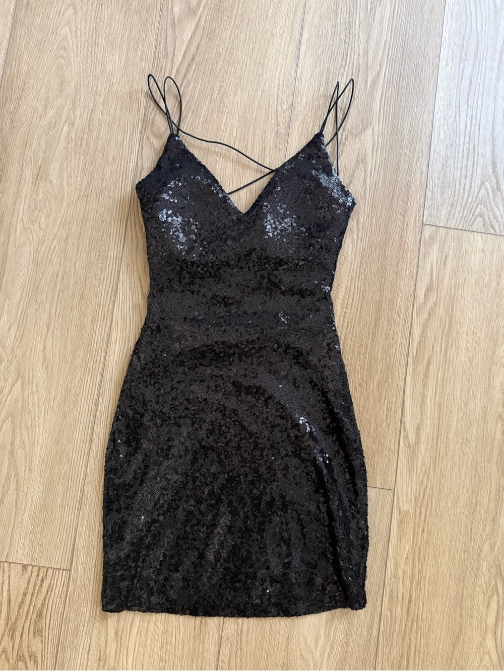 B Darlin Black Sequin Crisscross Strap Mini Dress